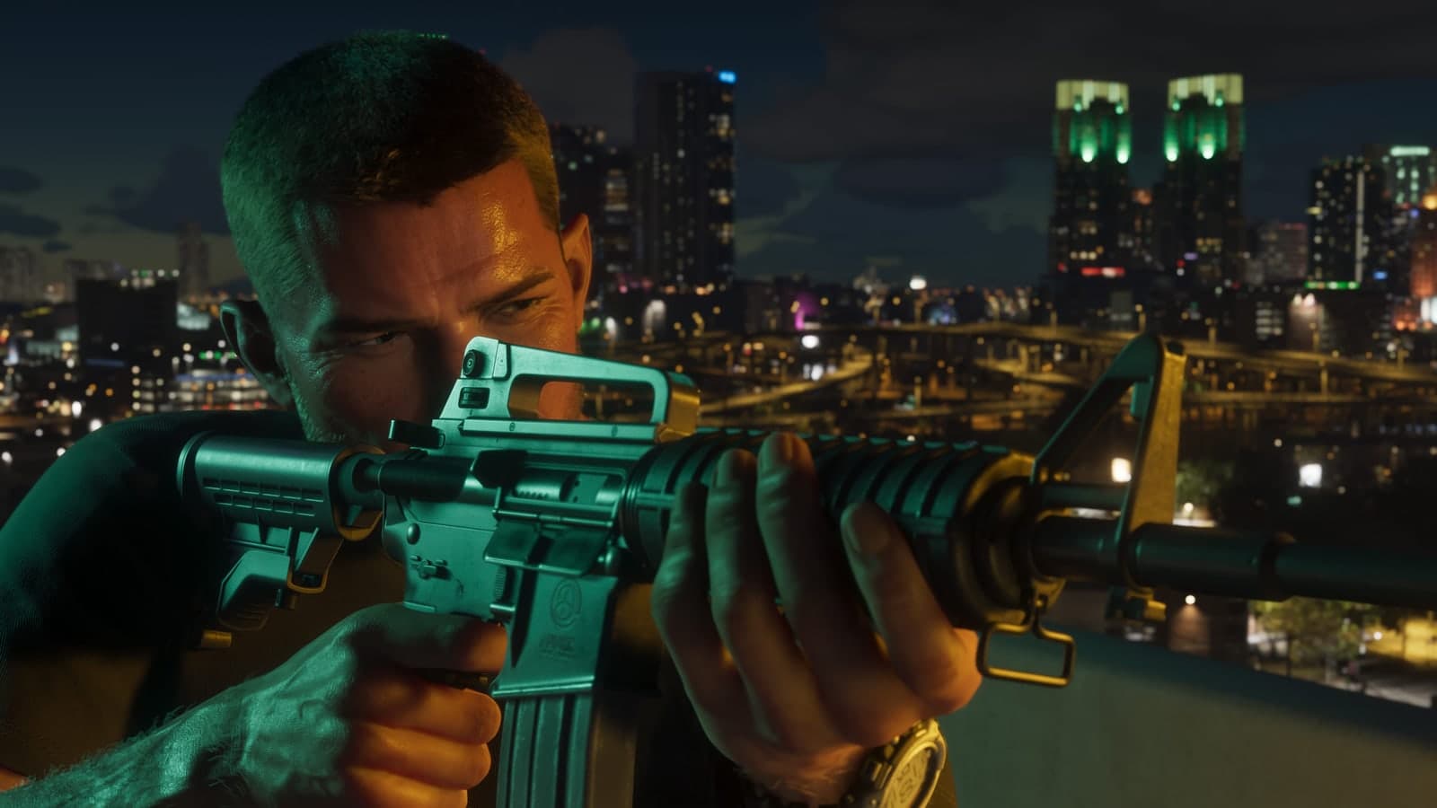 Jason aims an AR-15-style rifle with the Vice City skyline behind him at night