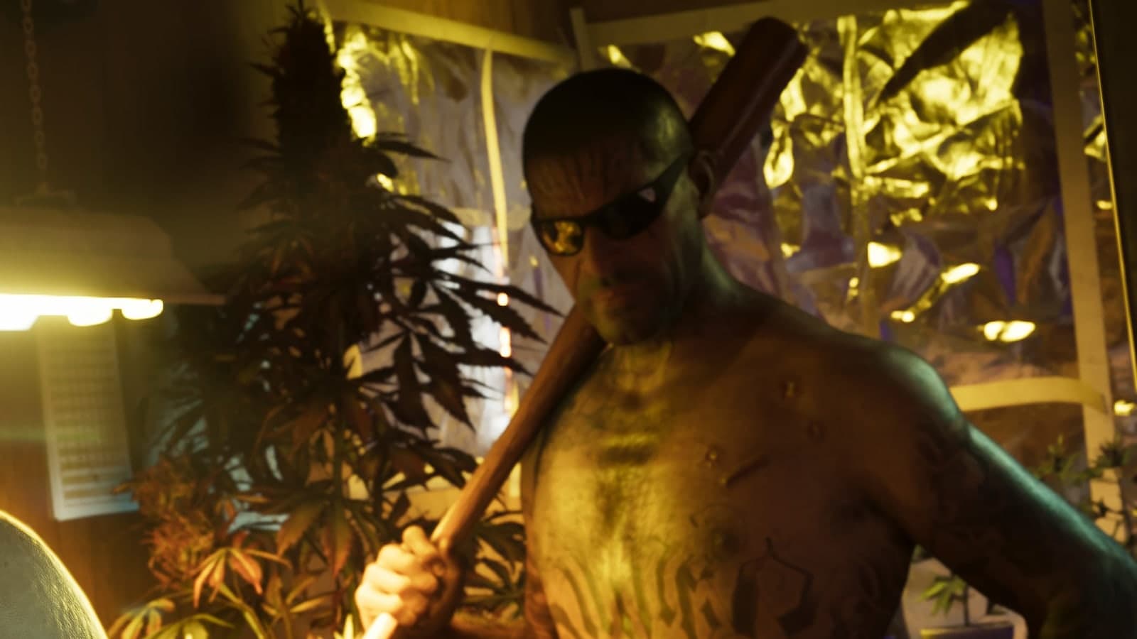 A shirtless man rests a baseball bat on his shoulder among potted plants in Port Gellhorn