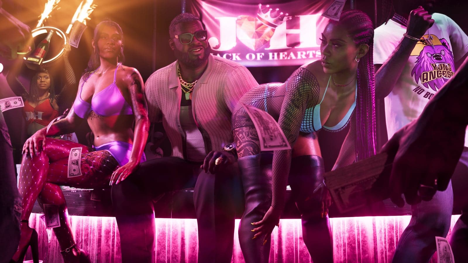 Boobie Ike behind the bar of the Jack of Hearts club, with dancers around him