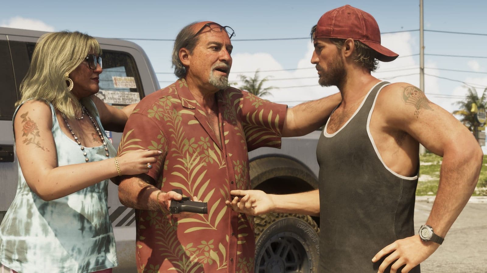 Brian Heder by a pickup truck with Jason and a woman in a white top