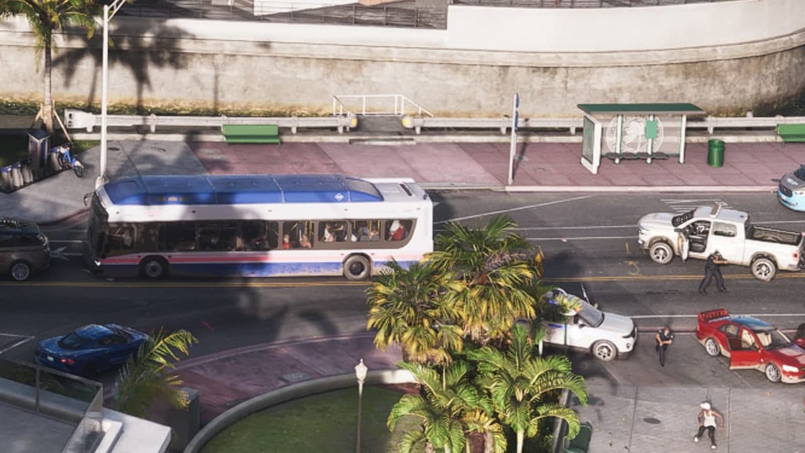 A city bus on a Vice City street, seen from above