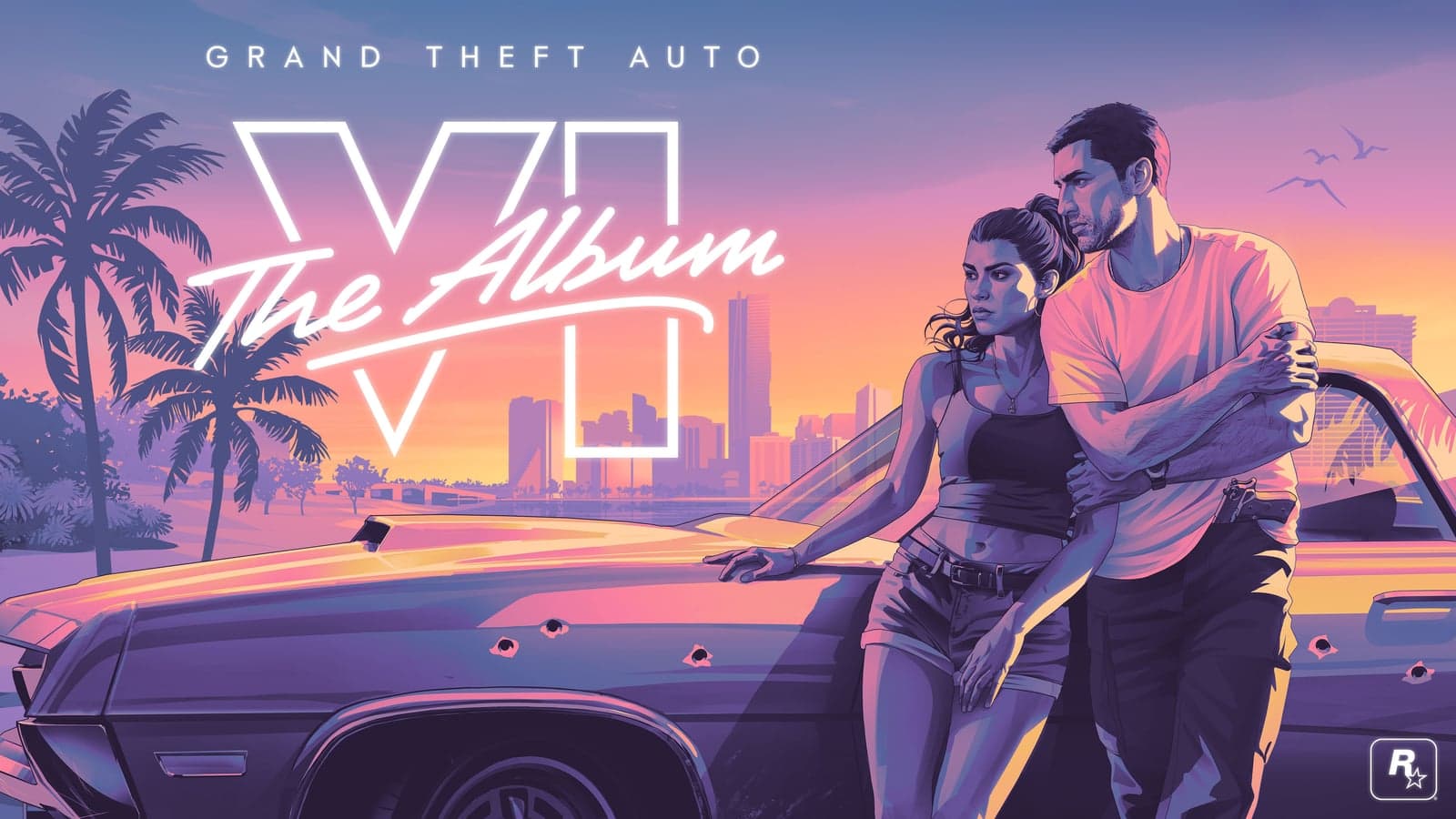 Обложка альбома Grand Theft Auto VI: The Album: Джейсон и Лусия у машины на фоне пальм и Вайс-Сити на закате
