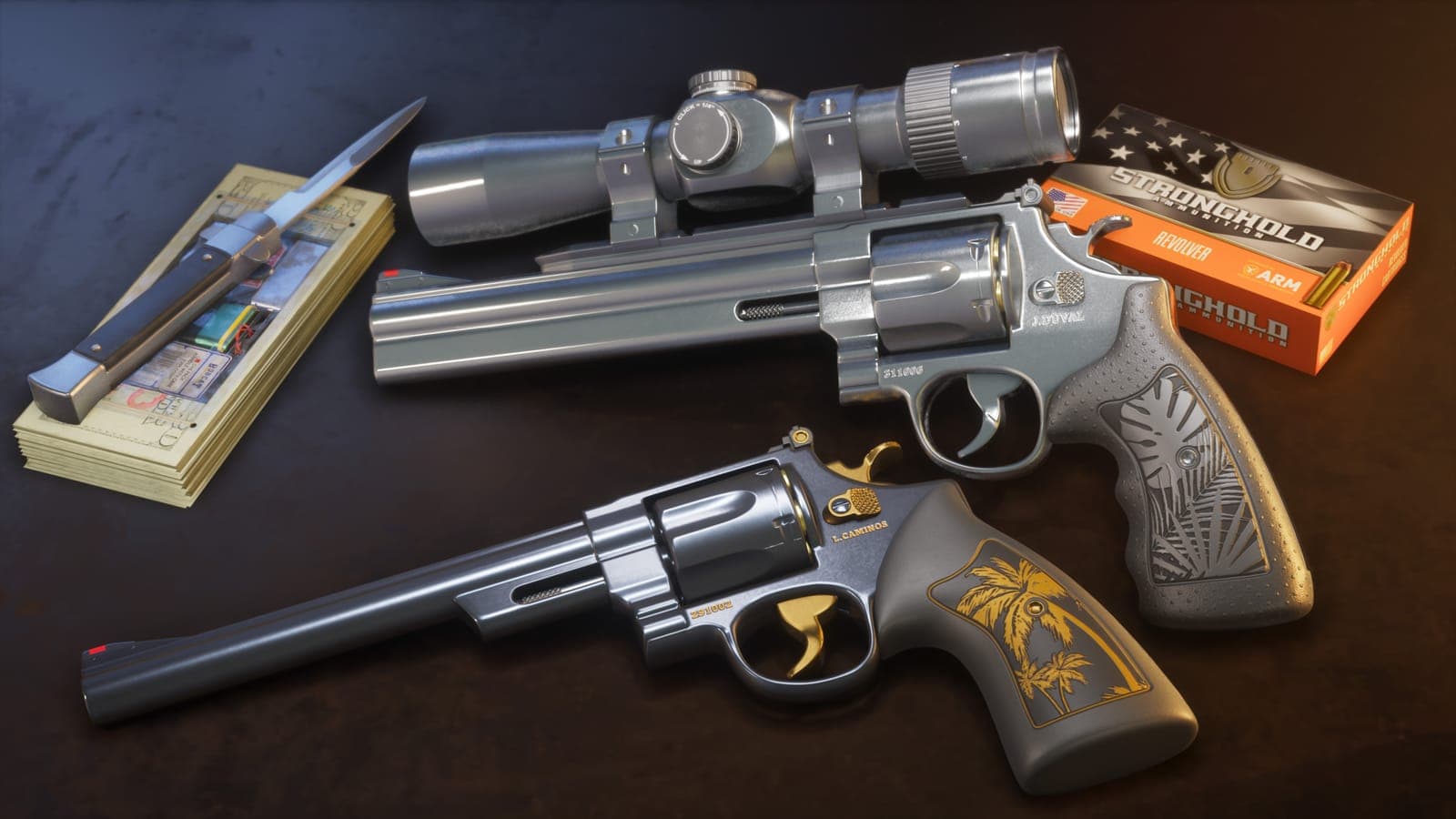 Hawk & Little Morgan revolvers with palm trees engraved on the grips, official Ultimate Edition screenshot