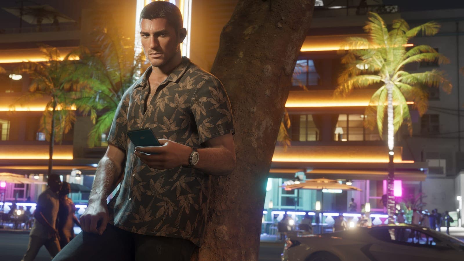 Jason Duval with a phone on an evening street in Vice City, official GTA 6 screenshot