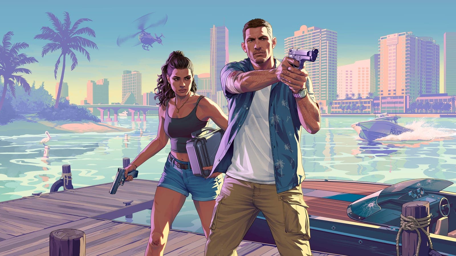 Jason and Lucia with guns on a pier, official GTA 6 artwork