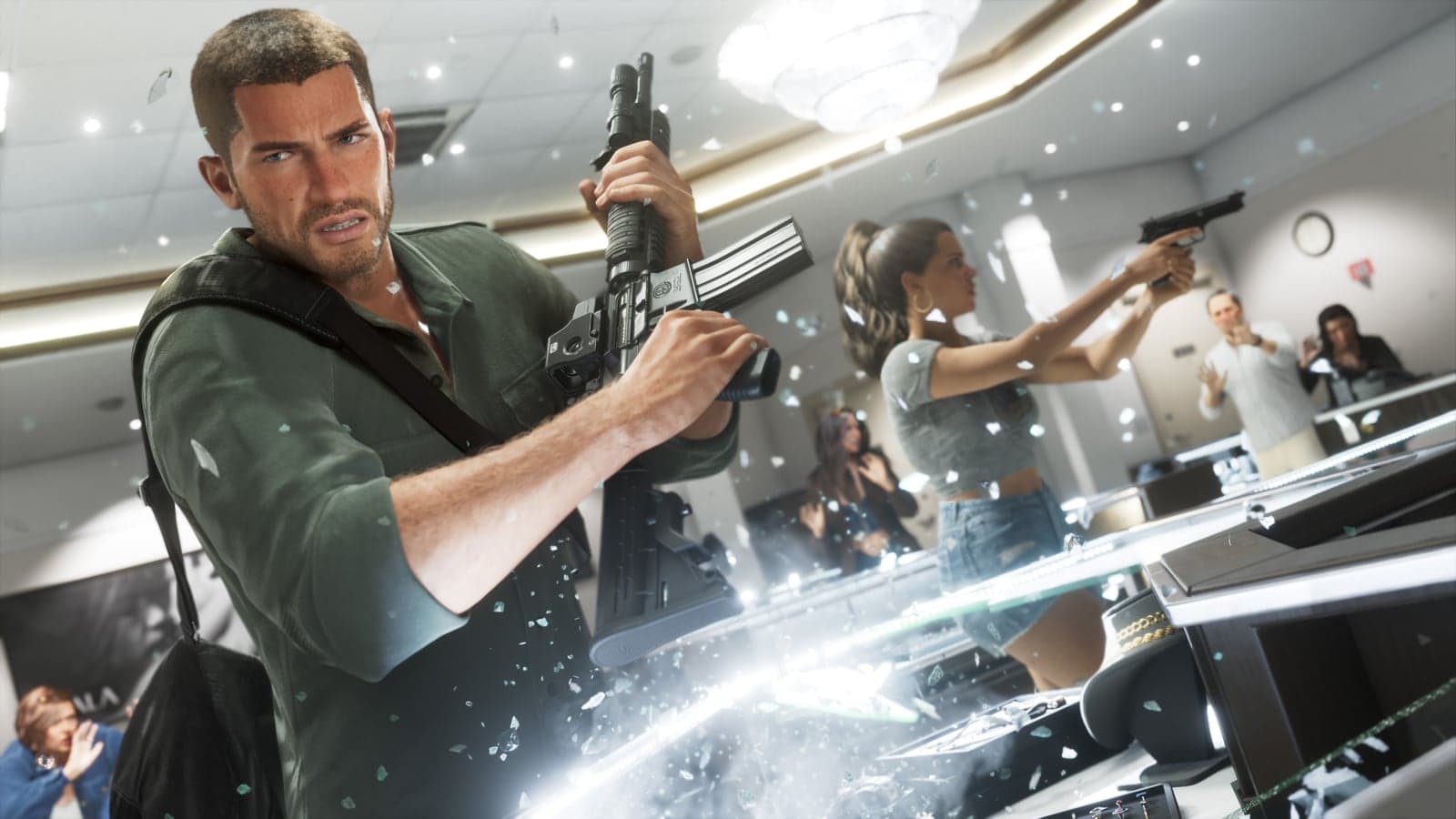 Jason with a rifle and Lucia with a pistol during a bank robbery, glass shattering around them