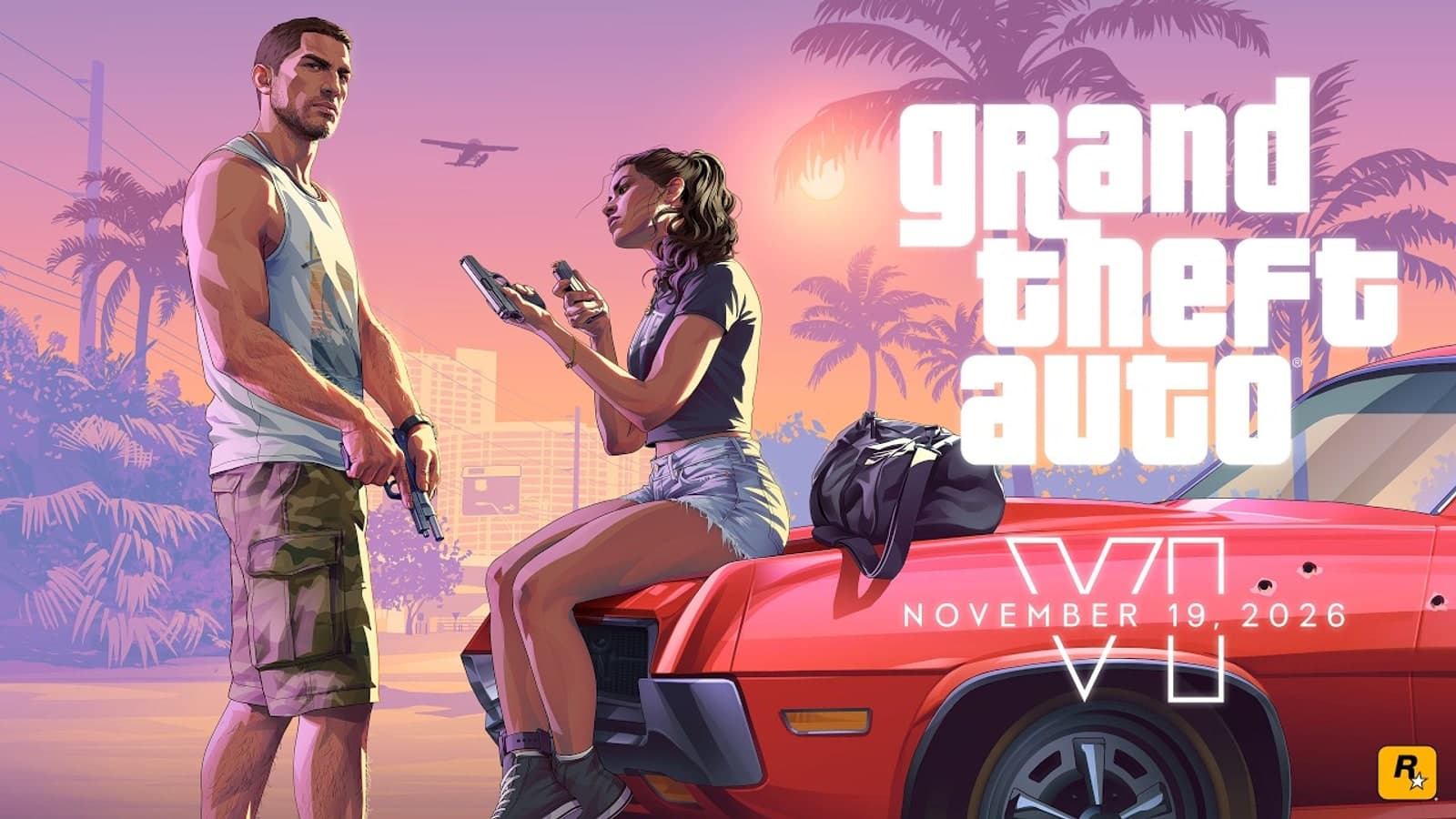 Jason with a pistol beside Lucia on the hood of a red car under palm trees, GTA VI artwork dated November 19, 2026