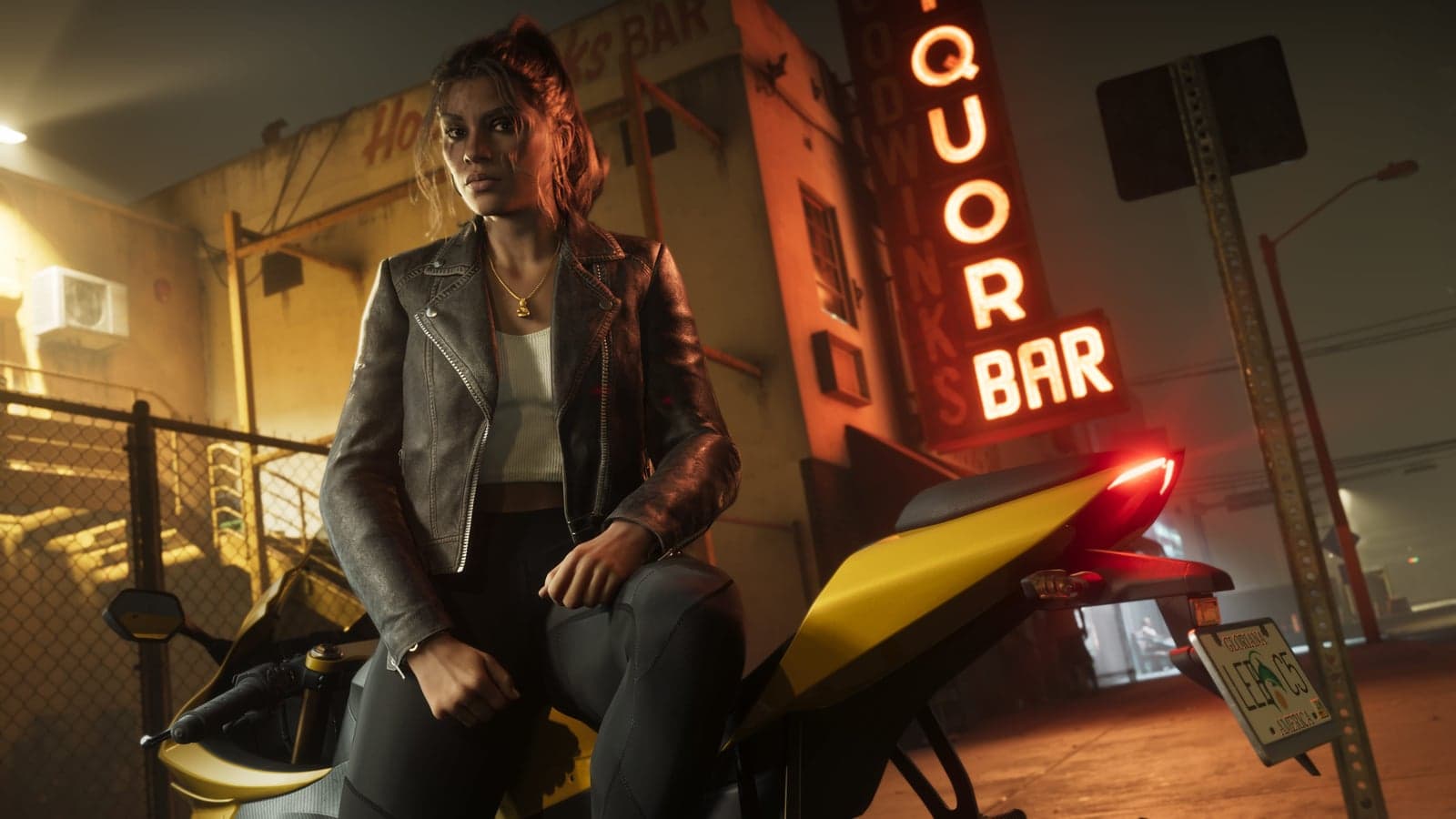 Lucia in a leather jacket leans on a yellow sport bike under a neon Liquor Bar sign at night