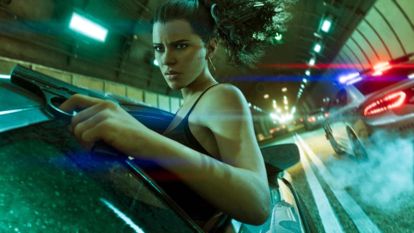 Lucia aiming from a car in a tunnel, official GTA 6 screenshot