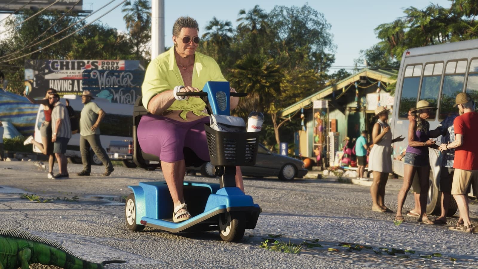 A woman rides a blue mobility scooter down a street in the Leonida Keys