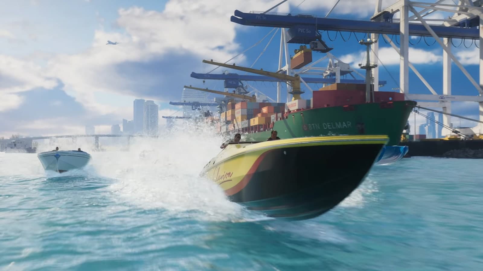 A yellow, red and black offshore powerboat races past a container ship in the Vice City port