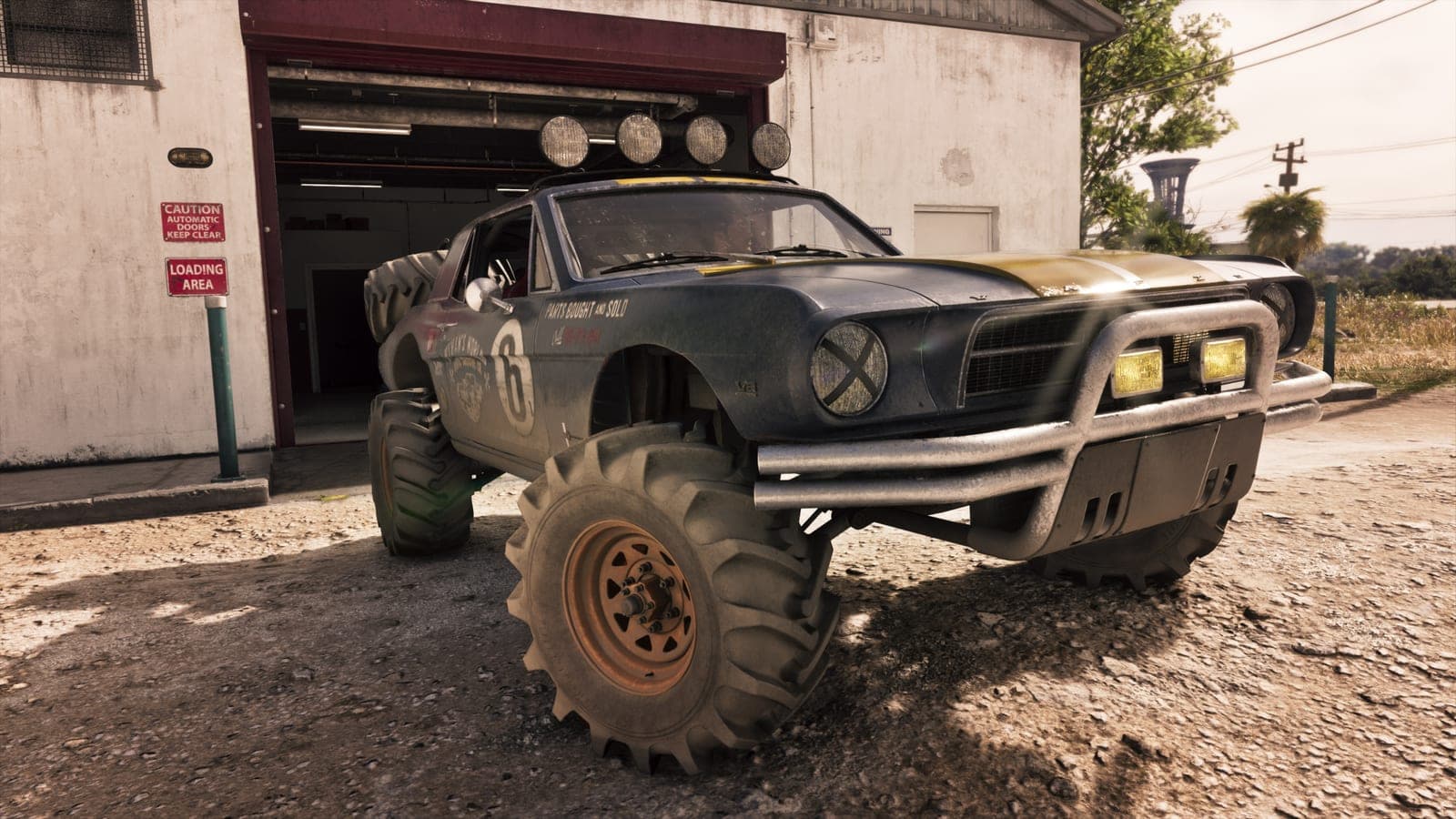 The ’67 Vapid Dominator Buggy parked outside a loading bay