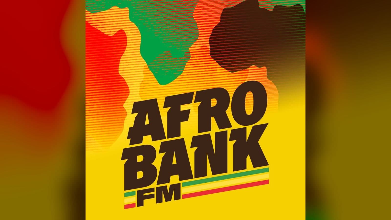 AfroBank FM artwork: outlines of Africa in green, red and black on a yellow background