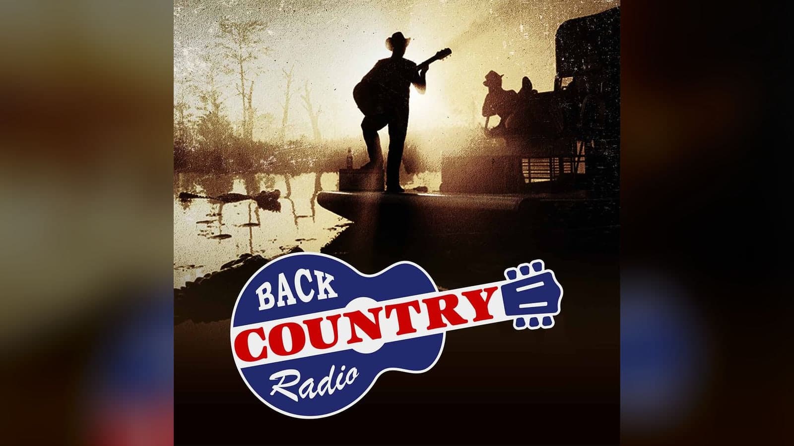 Back Country Radio artwork: a man with a guitar on an airboat in a misty swamp
