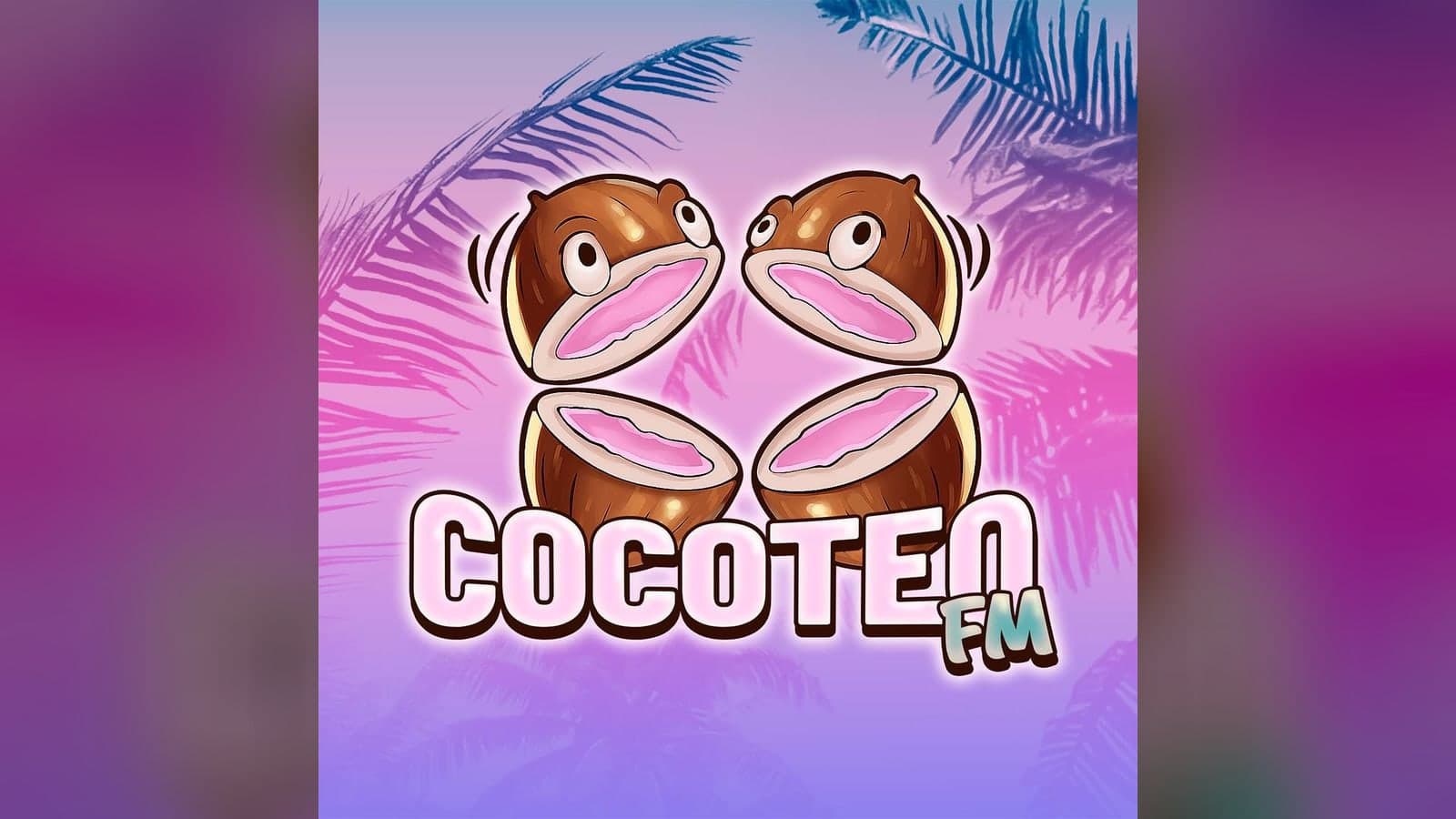 Cocoteo FM artwork: two cartoon coconuts with eyes, split open, under palm leaves