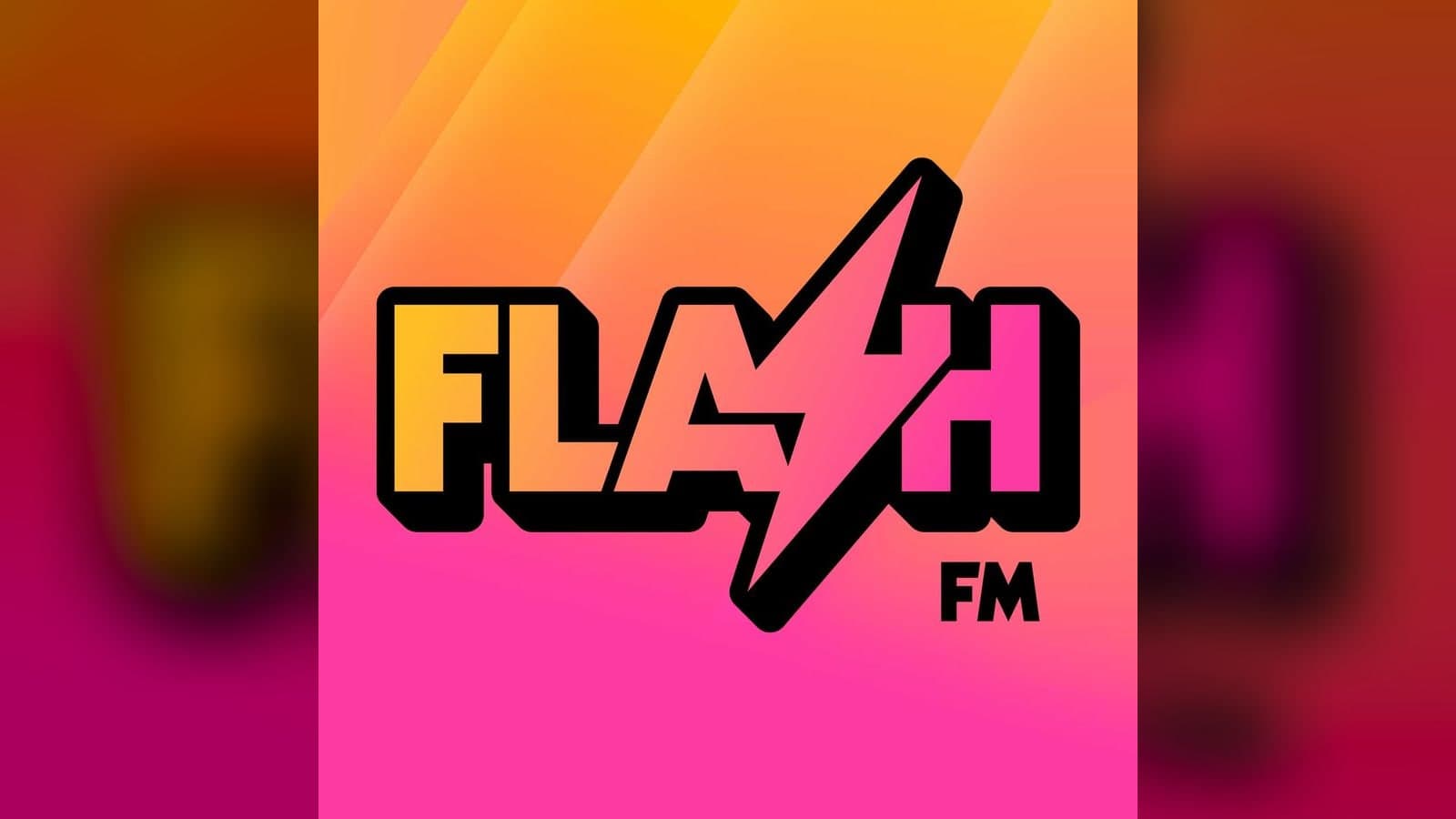 Flash FM logo with a lightning bolt in place of the S, on an orange and pink background