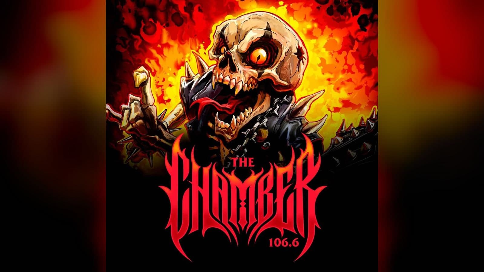 The Chamber 106.6 artwork: a grinning skull in a spiked jacket against flames