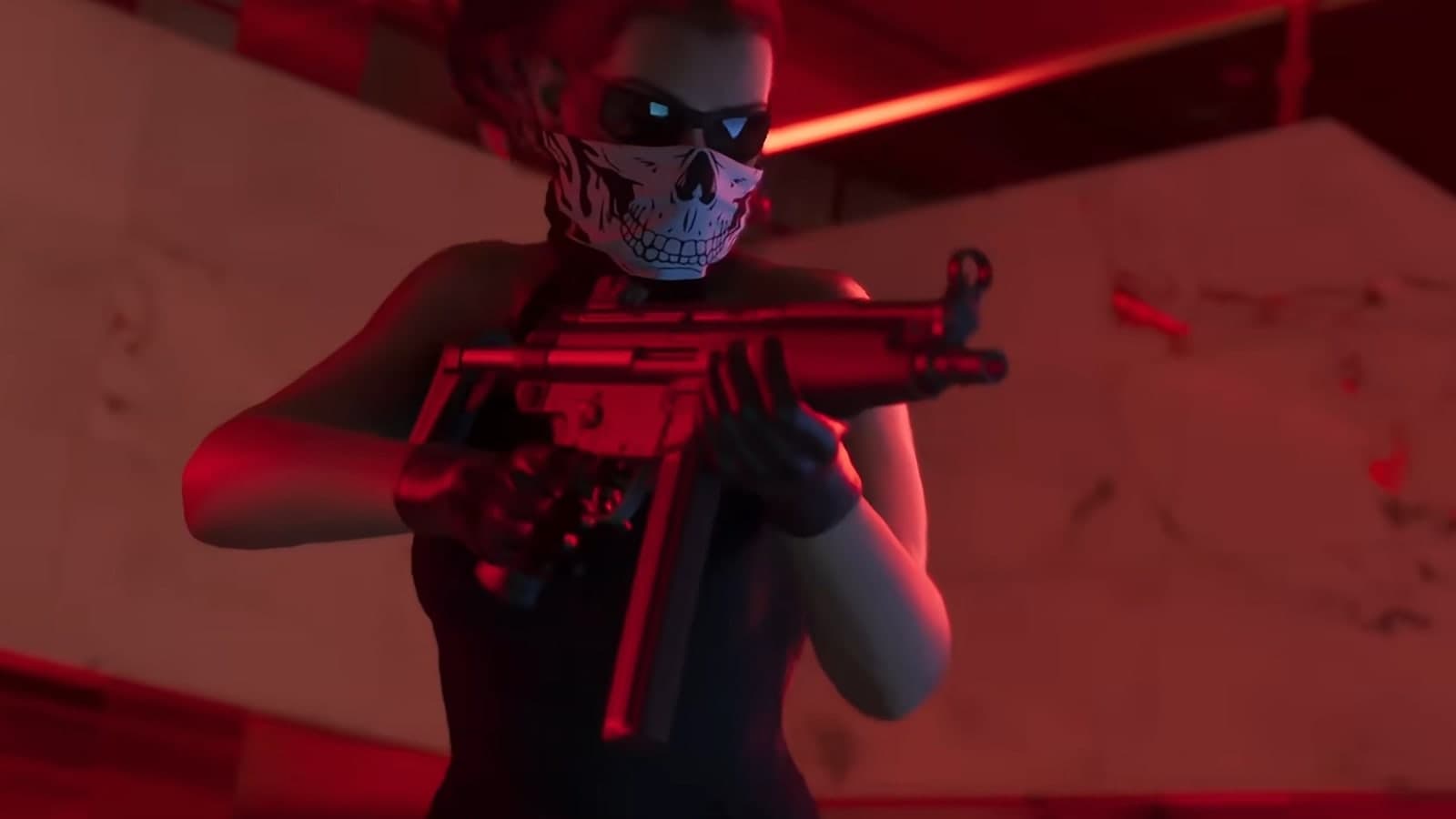 A robber in a skull mask holds an MP5-style submachine gun in red light