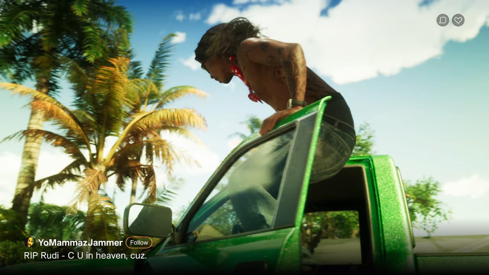 A vertical social media clip: a man climbing onto a green pickup, captioned “RIP Rudi”