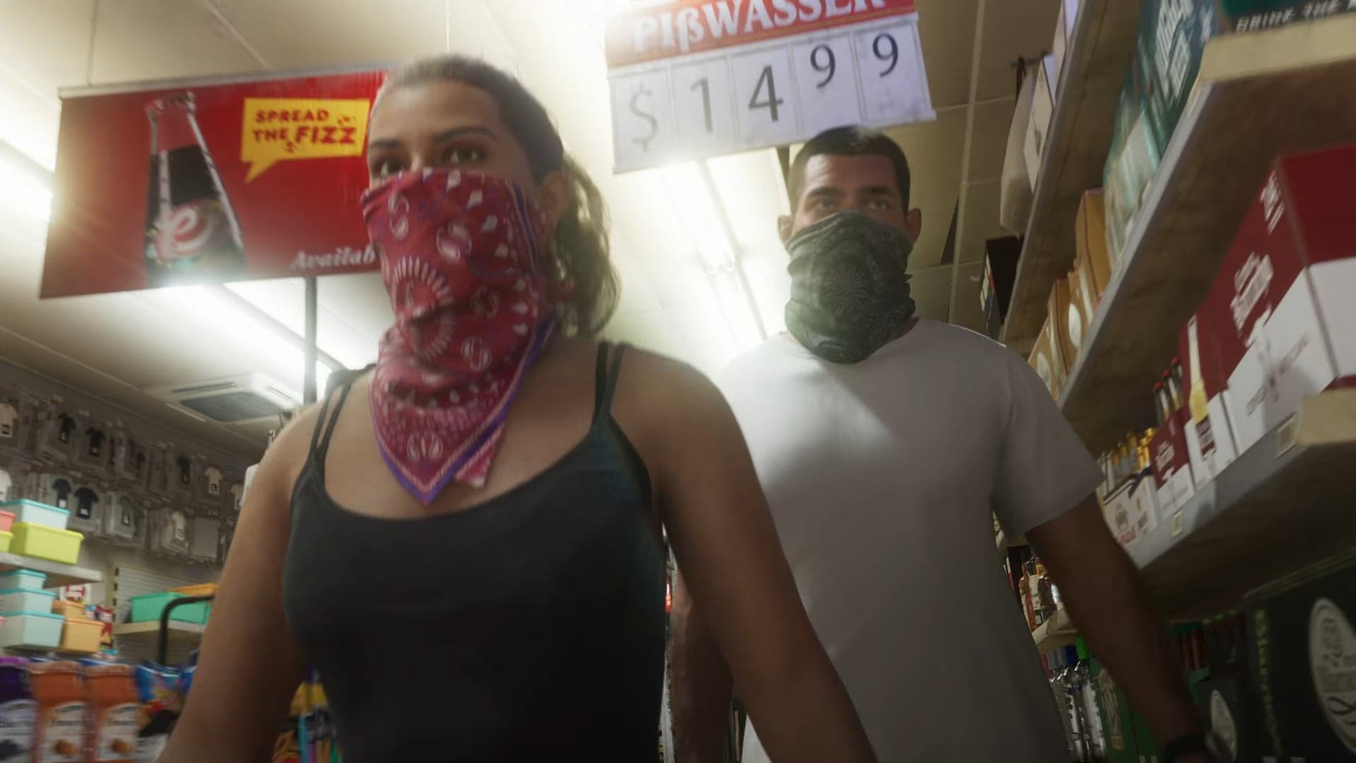 Lucia and Jason with bandanas over their faces walking between store shelves
