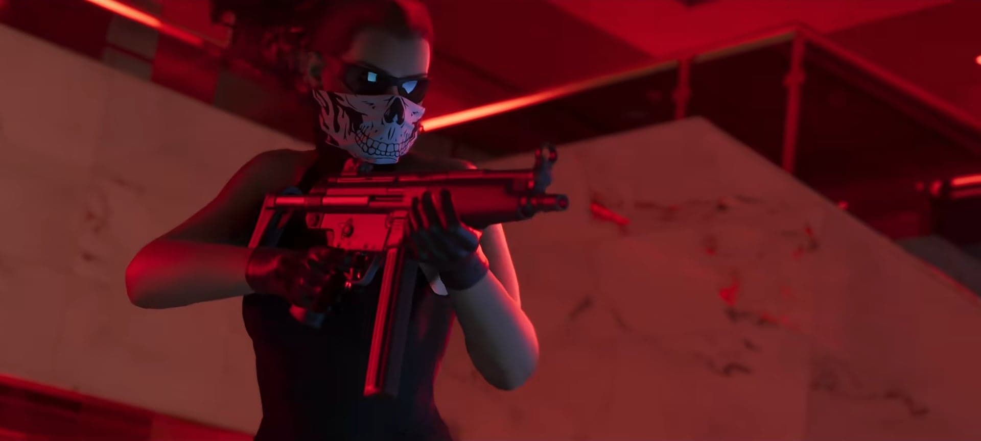 A person in a skull mask aiming a submachine gun in a red-lit room