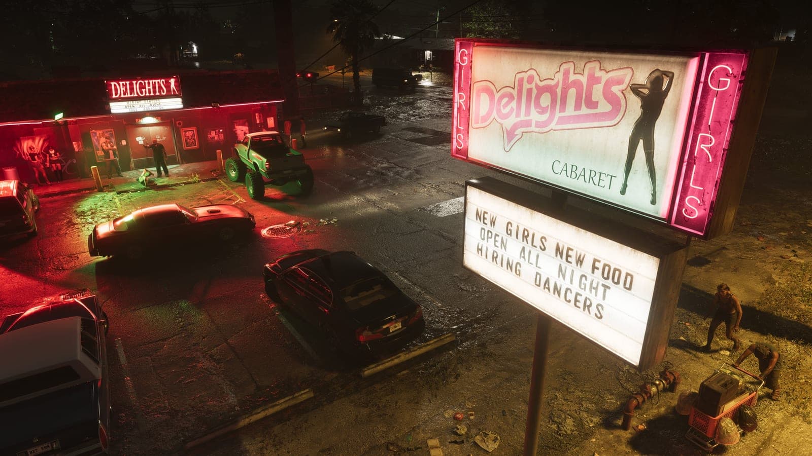 The Delights cabaret club at night in Port Gellhorn, with a neon sign and a marquee