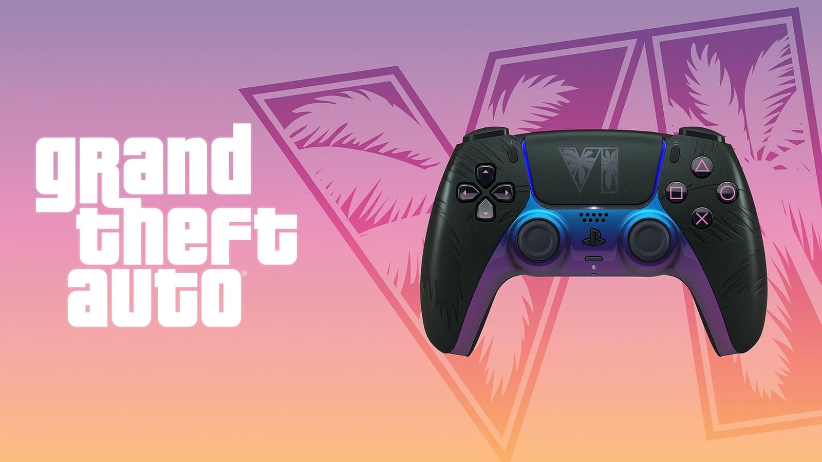 DualSense Wireless Controller, Grand Theft Auto VI Black Limited Edition, in front of the GTA VI logo with palm trees