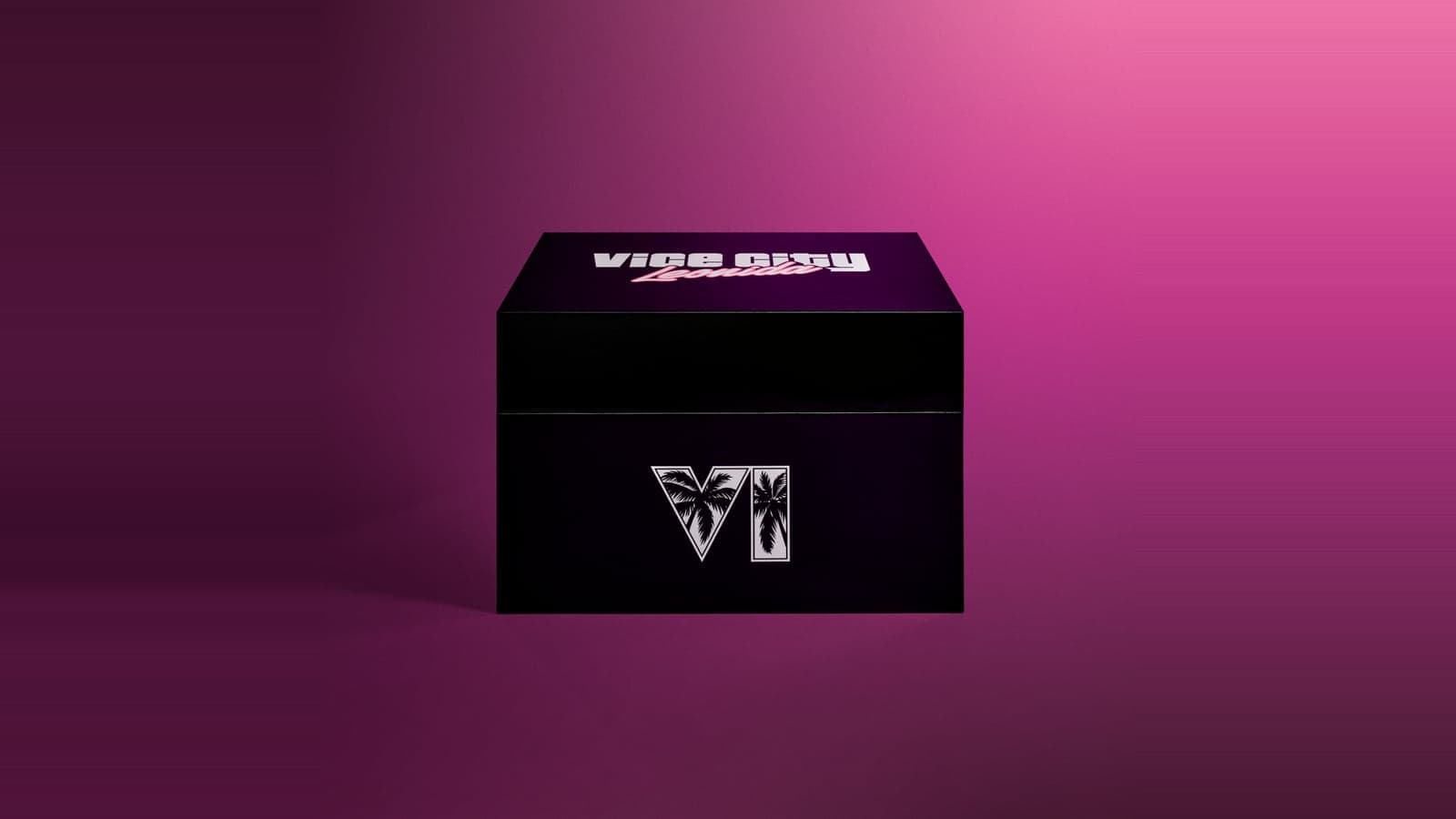 Закрытая чёрная коробка коллекционного набора GTA VI с логотипом VI и надписью «Vice City Leonida» на крышке