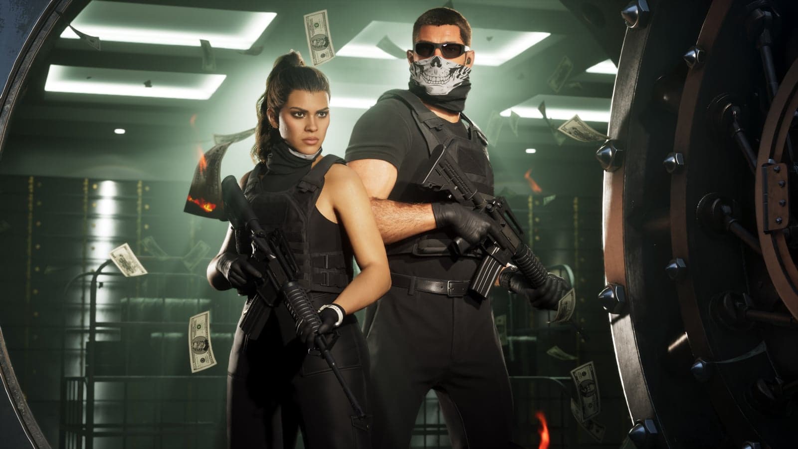 Lucia and Jason in black tactical gear and masks inside a bank vault, with bills in the air