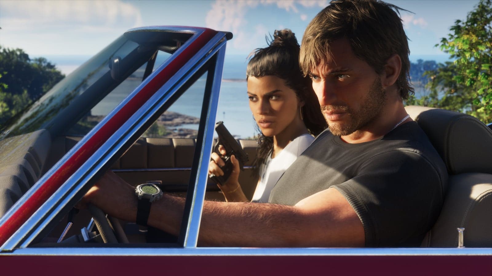 Jason drives and Lucia holds a pistol in the passenger seat of an old car