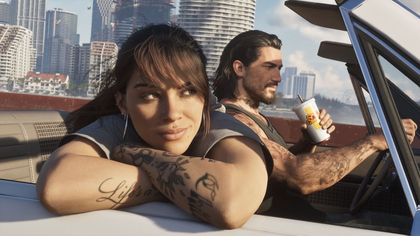 Lucia rests her arms on the door of a convertible while Jason drives through Vice City