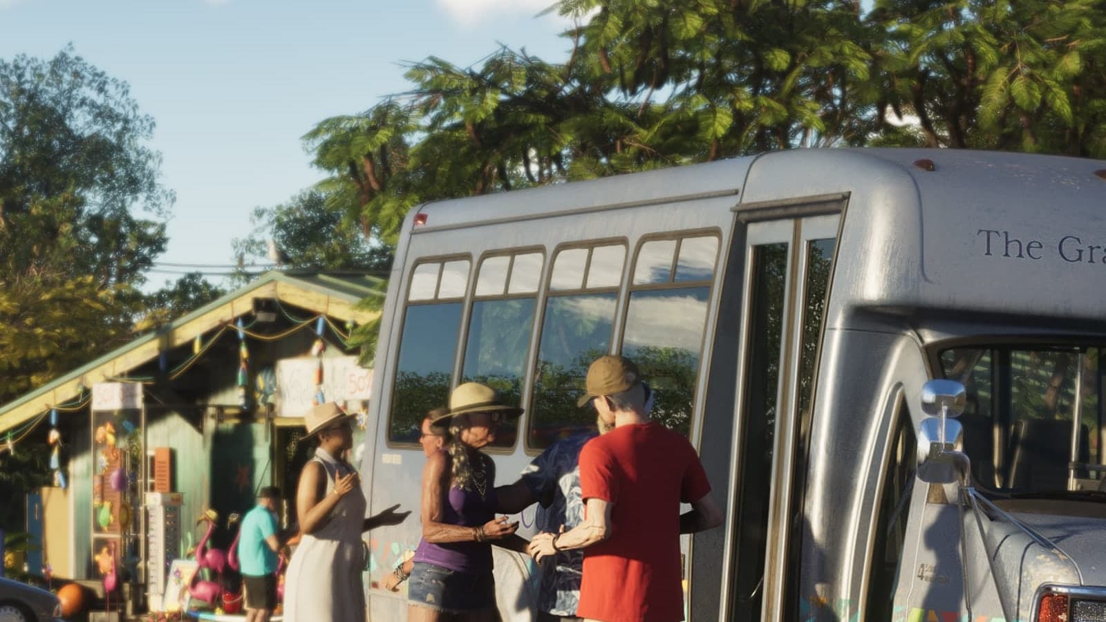 A white shuttle minibus parked by a roadside shop in the Leonida Keys