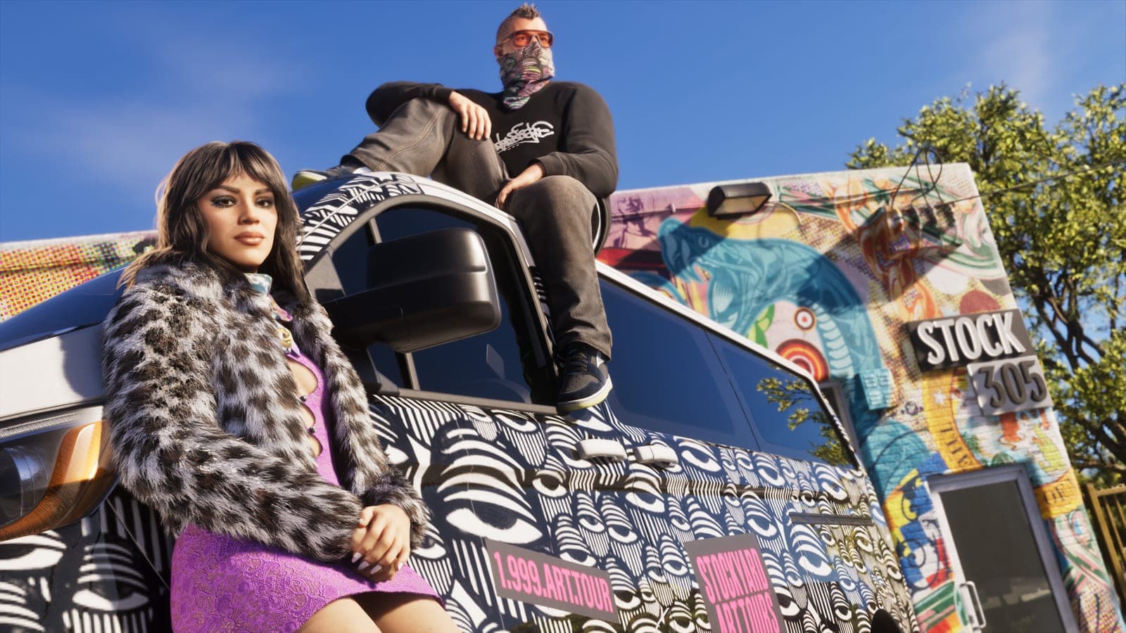 Lucia in a leopard-print coat on a van painted in Stock 305 colors
