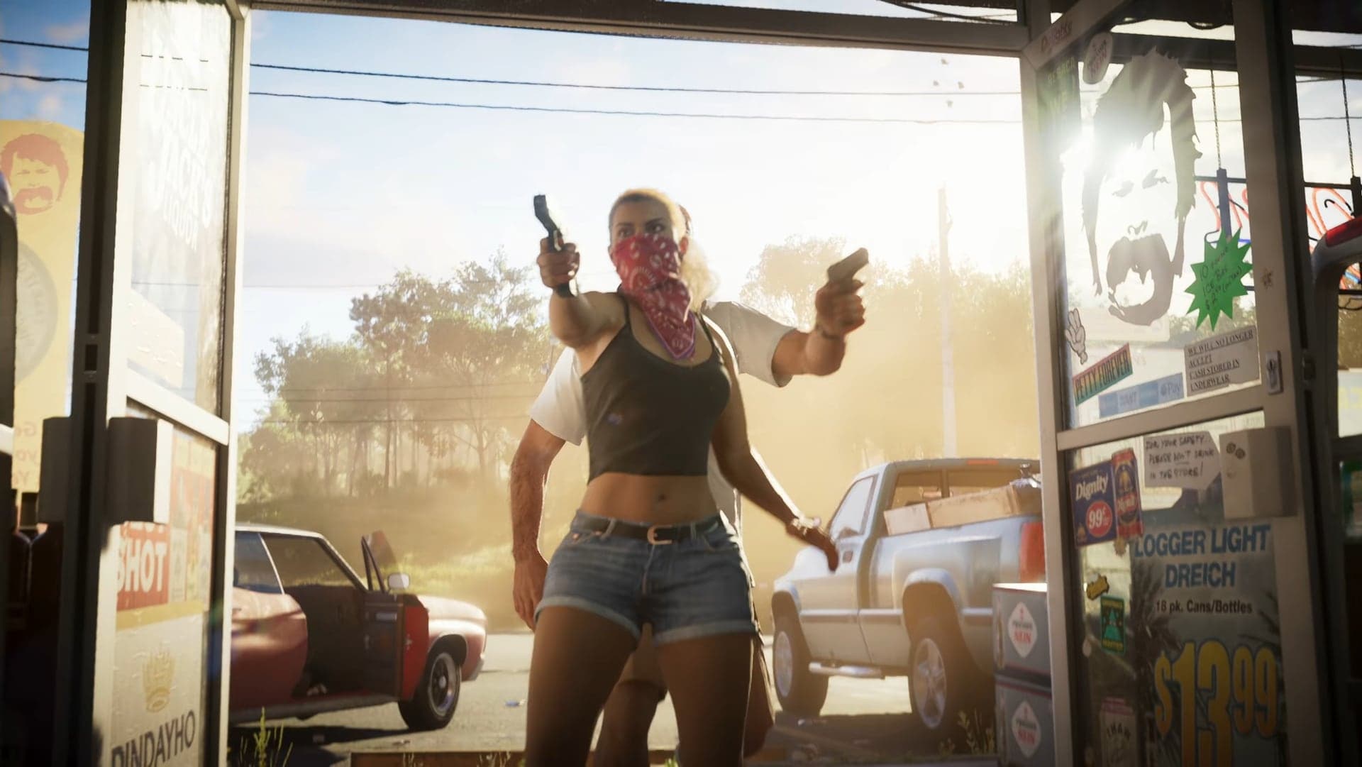 Lucia in a bandana walking out of a store with a pistol, Jason behind her