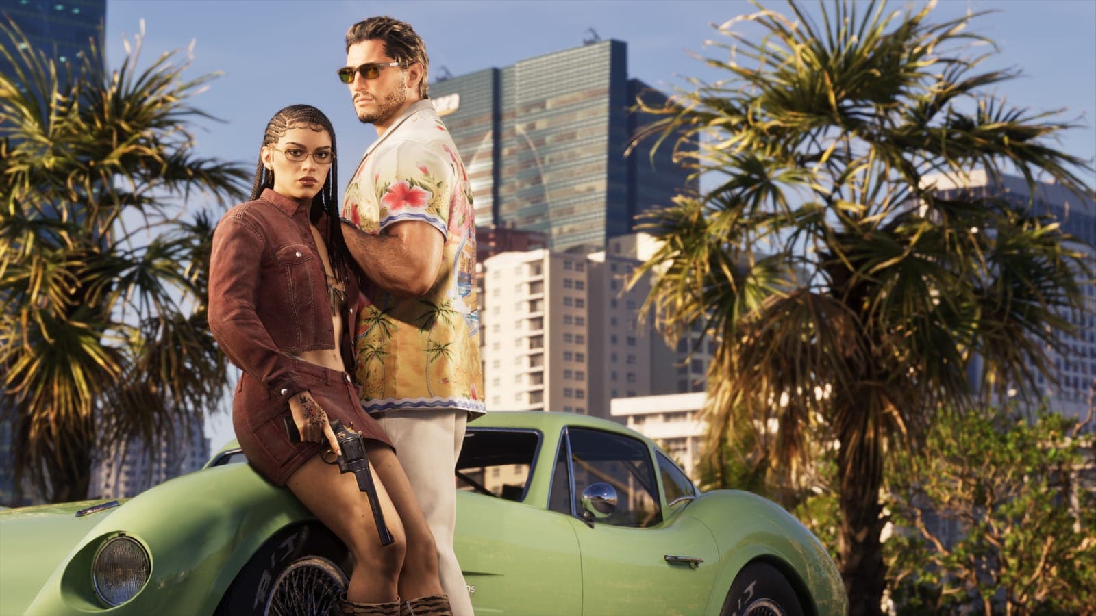 Jason and Lucia by a car in Vice City, official Ultimate Edition artwork