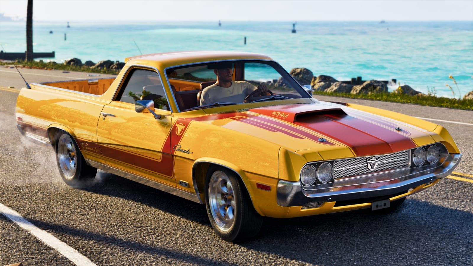 An orange Vapid Ganado pickup with red stripes drives along the coast