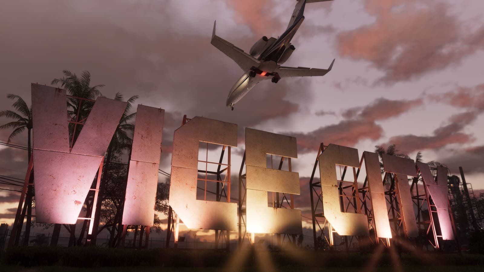 Vice City letters and a plane at sunset, official GTA 6 screenshot