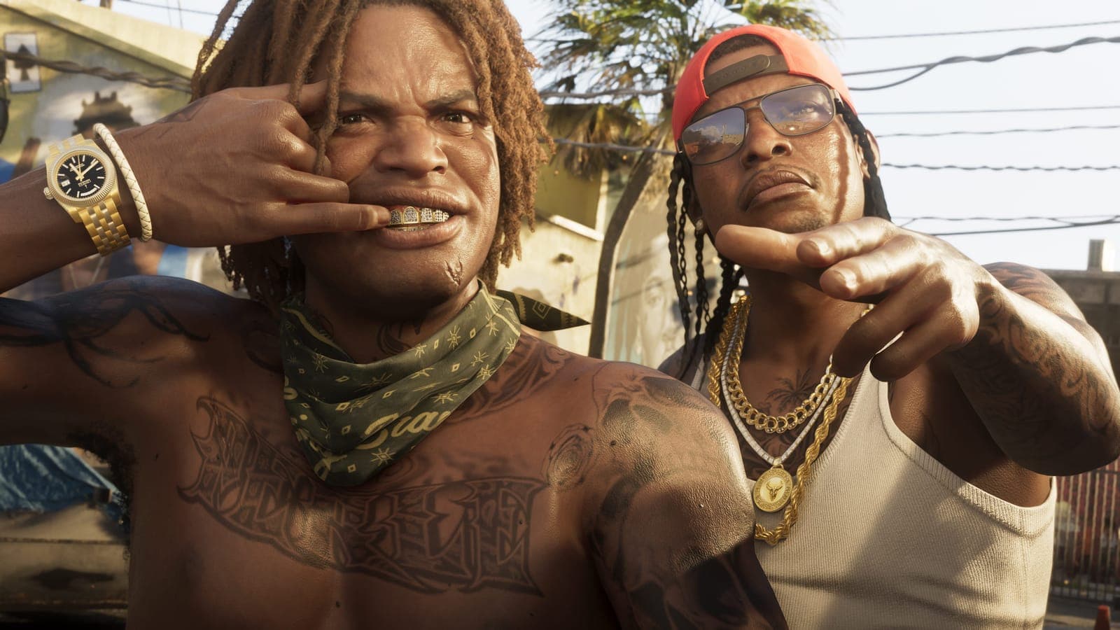 Two people taking a selfie on a Vice City street, official GTA 6 screenshot