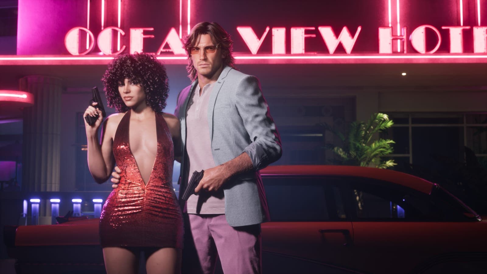 Jason in a linen suit and Lucia in a sequin dress pose with pistols under the neon sign of the Ocean View Hotel, official Vintage Vice City pack screenshot